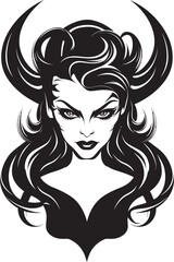 Majestic Enchantment Beautiful Female Demon Logo Demon Elegance in Monochrome Black Vector Icon