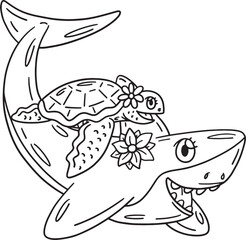 Shark and Turtle Isolated Coloring Page for Kids