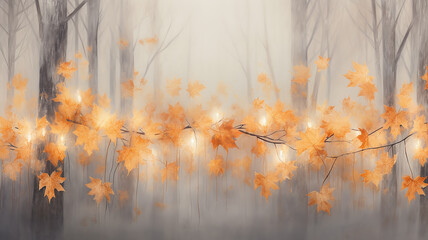 festive autumn background blank, the wall is decorated with yellow leaves and lights of glowing garlands, an empty background copy space