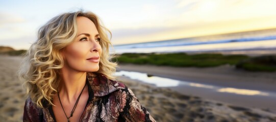 Smiling attractive beautiful caucasian senior mature woman posing at the beach looking away - Powered by Adobe