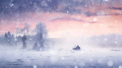 winter landscape, snowfall in nature calm quiet sunset, snowflakes slowly falling, wildlife background