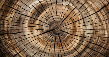 Detailed close-up of tree rings on a cross-section of a tree trunk, showcasing the natural patterns and history of the tree's growth.