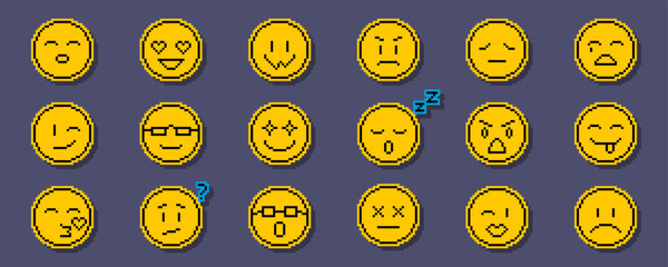 Pixel emoji smile pack. Various pixel art smiles with laugh or love emotions, message chat emoticons and expression smiles, vector stickers. 8bit acid style pixelated emoji face.