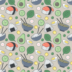 Colored Japanese seamless pattern for kids with sushi. Flat Vector Illustration EPS10