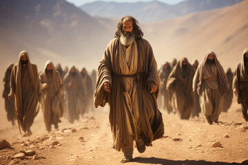 Led by faith and divine calling, Moses guides Israelite Jews through impenetrable wilderness, lighting way for them reach promised land and providing them with divine protection. desert.