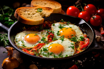 Fried eggs with tomatoes and toast in a frying pan. Generative AI