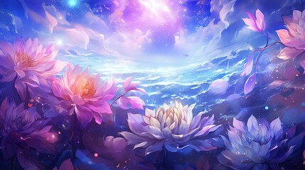 pink peony flower garden  under starry sky with glitter glow light, calm peaceful and happiness spiritual flower garden, fairytale illustration, Generative Ai
