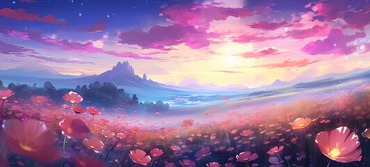 flower field blossom under gradient evening sky, dreamy fantasy atmosphere, Generative Ai