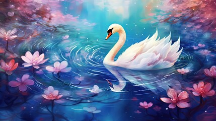 a swan swimming in waterlily pond, beautiful tranquil peaceful nature landscape, Generative Ai