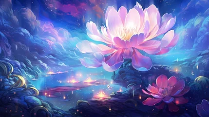 Foto op Canvas closeup peony flower blossom under starry night sky, dreamy fantasy atmosphere, Generative Ai © Seek and Find