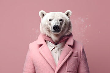 A bear standing on two legs in a warm winter coat. Abstract, creative, illustrated, minimal portrait of a wild animal dressed up as a man in elegant clothes.