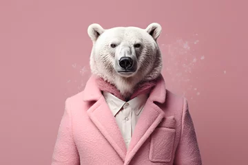 Foto op Aluminium A bear standing on two legs in a warm winter coat. Abstract, creative, illustrated, minimal portrait of a wild animal dressed up as a man in elegant clothes. © Creative Photo Focus