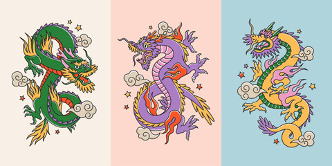 Set of three posters with tattoo chinese dragons. Symbol of New Year 2024. Asian colorful cartoon style. Template for your holiday banners and posters.