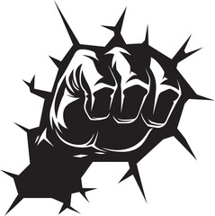 Iconic Force Cartoon Fist through Cracked Wall Mighty Impact Black Fist and Wall Logo Vector Icon