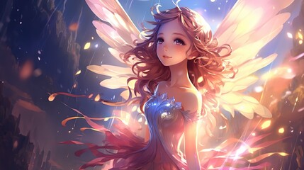 fairy with wings and glitter glow light magic dream background, Generative Ai