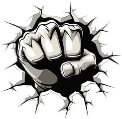 Mighty Impact Black Fist and Wall Logo Vector Icon Punching Through Cartoon Fist and Cracked Wall Emblem