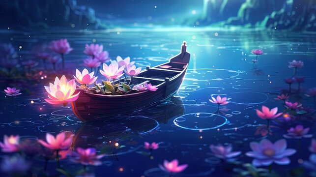wooden rustic row boat at shore with flower bouquet on it, ambient fantasy waterlily pond, Generative Ai