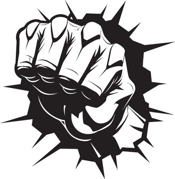 Black and Bold Cartoon Fist Breaking Wall Vector Iconic Force Cartoon Fist through Cracked Wall © BABBAN