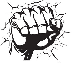 Punching Through Cartoon Fist and Cracked Wall Emblem Shattered Wall Strength Black Logo with Cartoon Fist