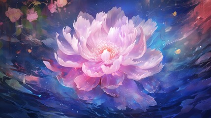 pink peony flower garden with glitter glow light, calm peaceful and happiness spiritual flower garden, fairytale illustration, Generative Ai