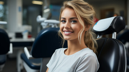Fototapeta premium Young woman at the dentist. Blonde girl in dentist office sitting in patient chair. Dental health. Woman with perfect smile and white teeth. Teeth and gum care. Medical consultation.
