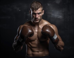 Fototapeta na wymiar Male athlete with a naked torso wearing boxing gloves. Sport.