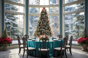 Christmas dinner table setting with decorated tree, poinsettias, windows looking on snow covered trees, winter holiday season, tablescape