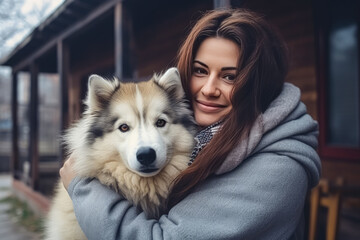 Young woman hugging her dog
