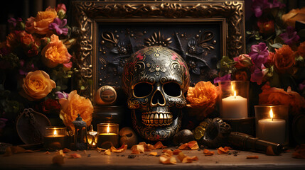 Altar in memory of our beloved and unforgettable deceased in the celebration of the day of the dead, decorated with skulls, flowers and candles with empty photo frame,Halloween mockup
