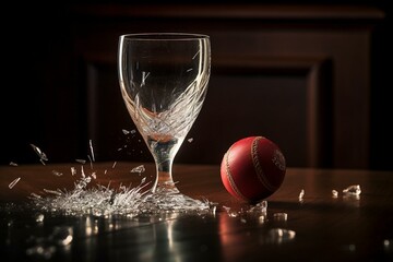 A glass is shattered by a cricket ball, causing glass fragments to fly into the air. Generative AI
