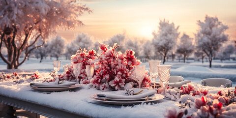 Winter outdoor dinner table setting in the snow covered woods with pink flowers, wide, holiday season, tablescape