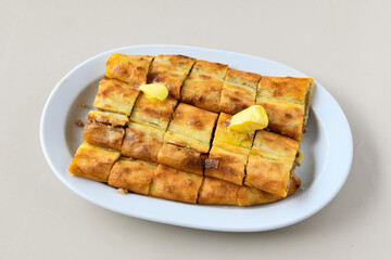 Kiymali pide.Turkish pide with minced meat. Turkish pizza mince pita Pide on white background. Etli ekmek. Kusbasi kasarli, kiymali kasarli, kiymali yumurtali,  tirnak Trabzon, Bafra, Kusbasili pide.
