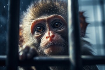 Monkey locked in cage. Emaciated, skinny lonely chimpanzee in cramped cage behind bars with sad look. Concept of keeping animals in captivity where they suffer. Prisoner. Waiting for liberation..