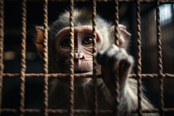 Monkey locked in cage. Emaciated, skinny lonely chimpanzee in cramped cage behind bars with sad look. The concept of keeping animals in captivity where they suffer. Prisoner. Waiting for liberation..