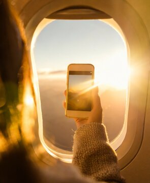 Closeup of person holding mobile phone while taking picture of the sky from airplane window