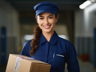 Friendly smiling woman in a postman's uniform with a parcel. Mail, delivery, parcel. - obrazy, fototapety, plakaty