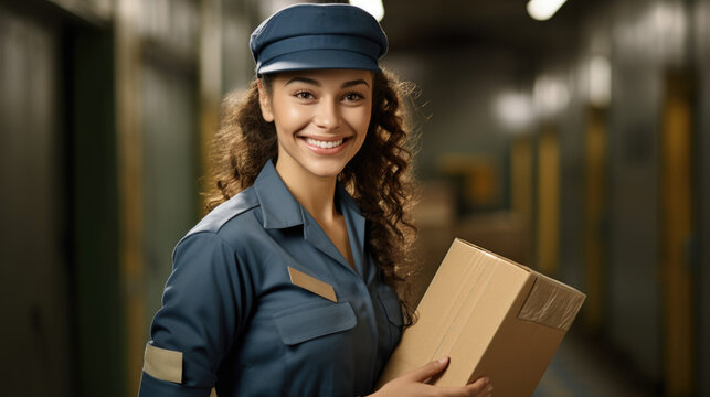 Friendly smiling woman in a postman's uniform with a parcel. Mail, delivery, parcel.