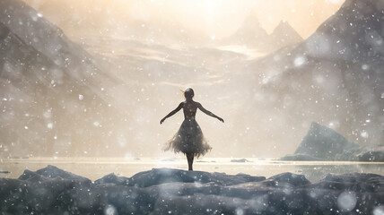 a ballerina in a winter landscape, grace and beauty, the cold of winter nature - obrazy, fototapety, plakaty