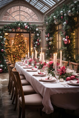 Fototapeta na wymiar Christmas dinner table setting with decorated trees, garlands and flowers, vertical, winter holiday season, tablescape