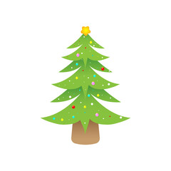 Illustration of green decorated christmas tree with balls for merry christmas isolated on white background