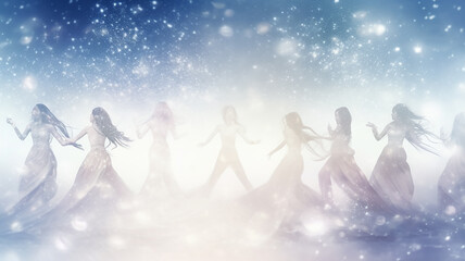 blurred silhouettes of girls dancing on stage, winter performance in light blue tones, abstract blurred background dancing and music backup