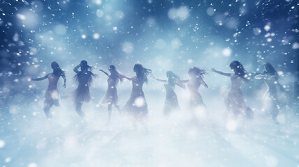 Fototapeta na wymiar blurred silhouettes of girls dancing on stage, winter performance in light blue tones, abstract blurred background dancing and music backup
