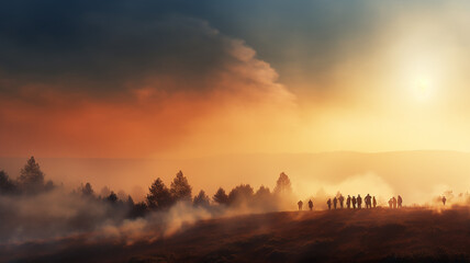 panorama of a forest fire. a group of silhouettes of people watching the landscape glow of a large wild forest fire, natural disaster cataclysm, climate warming - obrazy, fototapety, plakaty