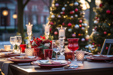 Obraz na płótnie Canvas Christmas outdoor dinner table setting with decorated trees and candles, red, white and green, winter holiday season, tablescape