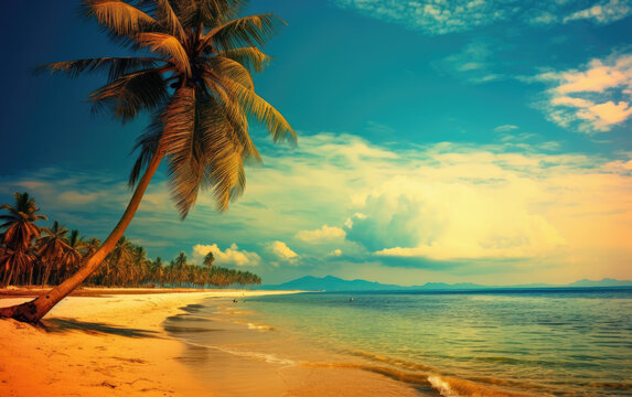 Tropical beach with palm tree wallpaper background bannerI