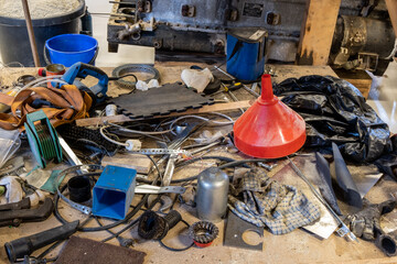 Clutter in a car repair garage