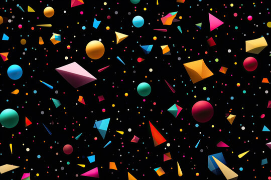 Colorful Arcade carpet pattern, abstract dots and shapes on black background,