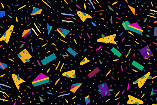 Colorful Arcade carpet pattern, abstract dots and shapes on black background
