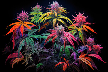 Glowing neon-colored cannabis plant on black background, psychedelic art
