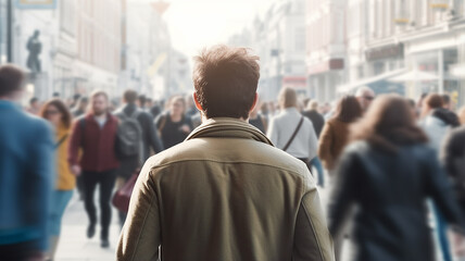 man view from the back, among the flow of people in a city crowd, an abstract migrant on a city street in society